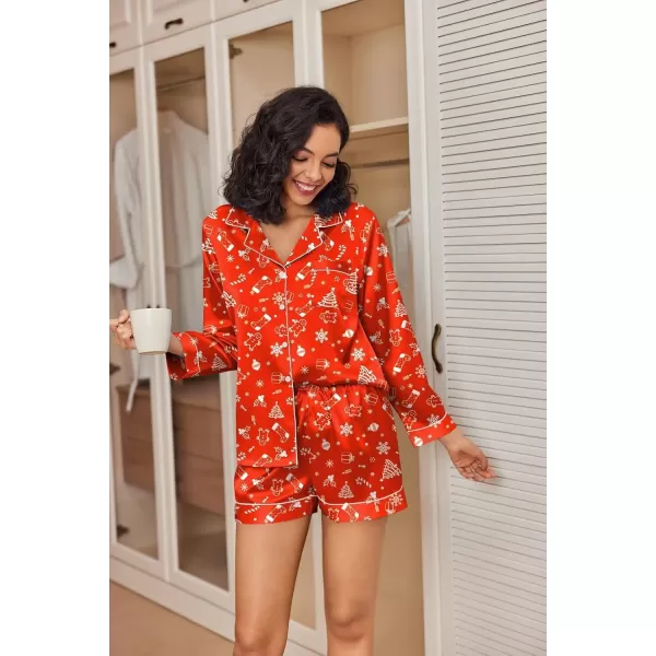Ekouaer Silk Pajamas Womens Long Sleeve Sleepwear Soft Satin Button Down Loungewear 2 Piece Pjs Shorts Set SXXLChristmas Treered