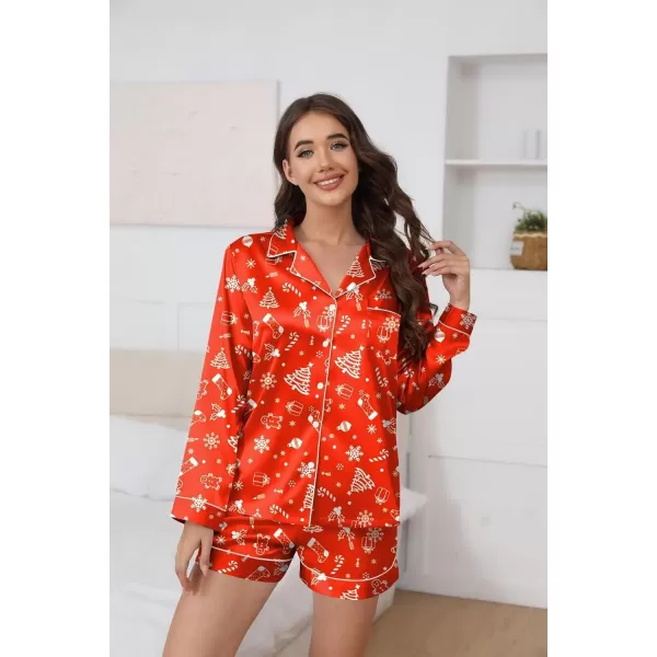 Ekouaer Silk Pajamas Womens Long Sleeve Sleepwear Soft Satin Button Down Loungewear 2 Piece Pjs Shorts Set SXXLChristmas Treered