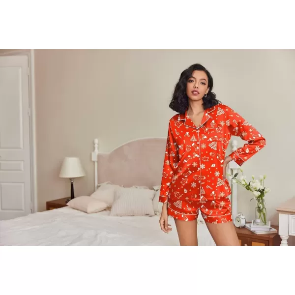 Ekouaer Silk Pajamas Womens Long Sleeve Sleepwear Soft Satin Button Down Loungewear 2 Piece Pjs Shorts Set SXXLChristmas Treered