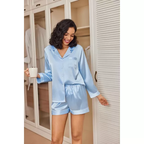 Ekouaer Silk Pajamas Womens Long Sleeve Sleepwear Soft Satin Button Down Loungewear 2 Piece Pjs Shorts Set SXXLClear Blue