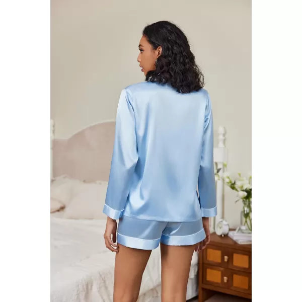 Ekouaer Silk Pajamas Womens Long Sleeve Sleepwear Soft Satin Button Down Loungewear 2 Piece Pjs Shorts Set SXXLClear Blue