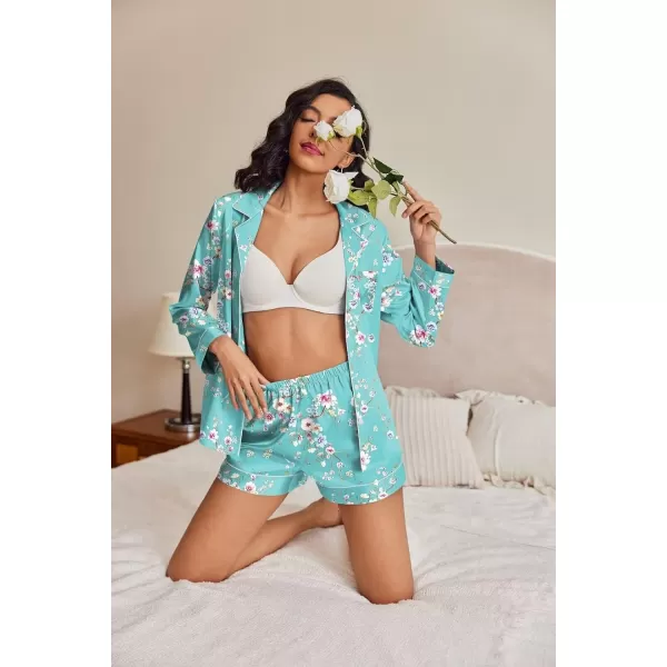 Ekouaer Silk Pajamas Womens Long Sleeve Sleepwear Soft Satin Button Down Loungewear 2 Piece Pjs Shorts Set SXXLFlowerswater Green