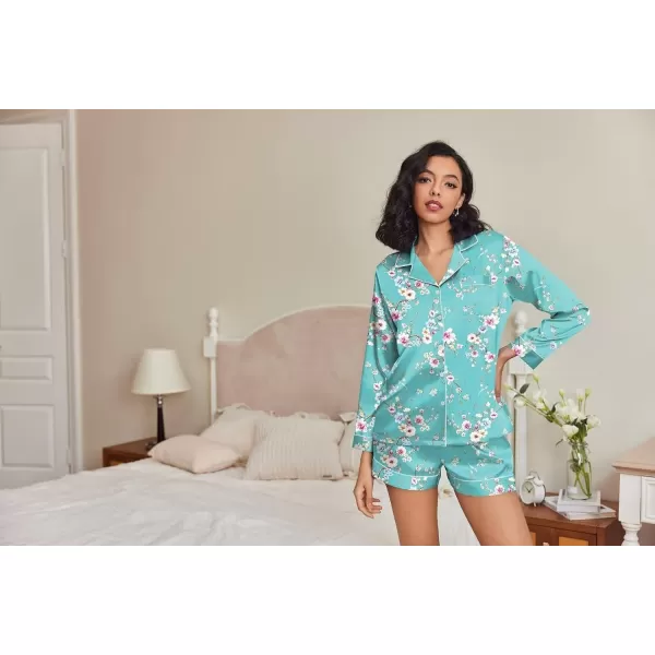 Ekouaer Silk Pajamas Womens Long Sleeve Sleepwear Soft Satin Button Down Loungewear 2 Piece Pjs Shorts Set SXXLFlowerswater Green