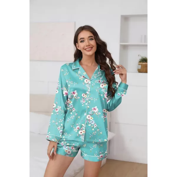 Ekouaer Silk Pajamas Womens Long Sleeve Sleepwear Soft Satin Button Down Loungewear 2 Piece Pjs Shorts Set SXXLFlowerswater Green