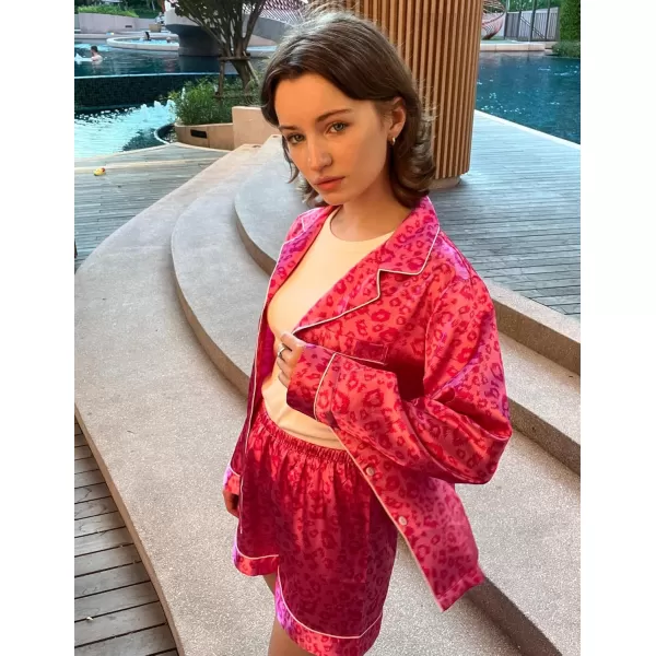 Ekouaer Silk Pajamas Womens Long Sleeve Sleepwear Soft Satin Button Down Loungewear 2 Piece Pjs Shorts Set SXXLHot Pink
