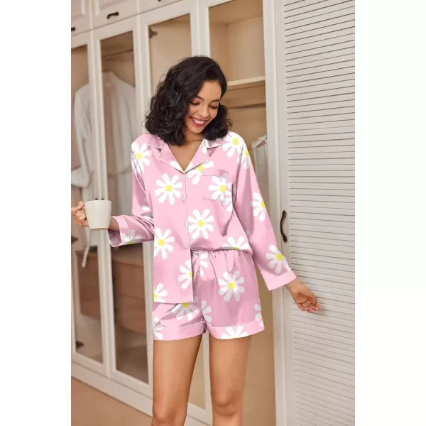 Ekouaer Silk Pajamas Womens Long Sleeve Sleepwear Soft Satin Button Down Loungewear 2 Piece Pjs Shorts Set SXXLLarge Flowerpink and White