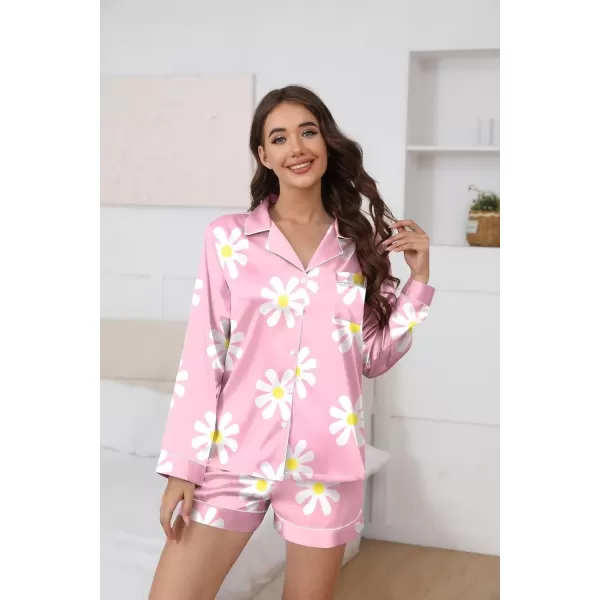 Ekouaer Silk Pajamas Womens Long Sleeve Sleepwear Soft Satin Button Down Loungewear 2 Piece Pjs Shorts Set SXXLLarge Flowerpink and White