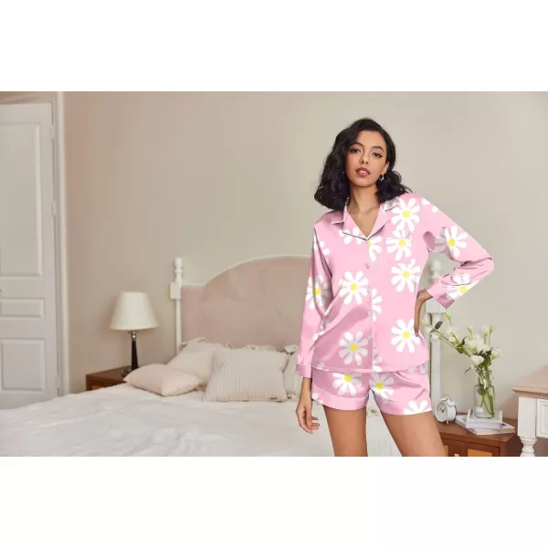 Ekouaer Silk Pajamas Womens Long Sleeve Sleepwear Soft Satin Button Down Loungewear 2 Piece Pjs Shorts Set SXXLLarge Flowerpink and White