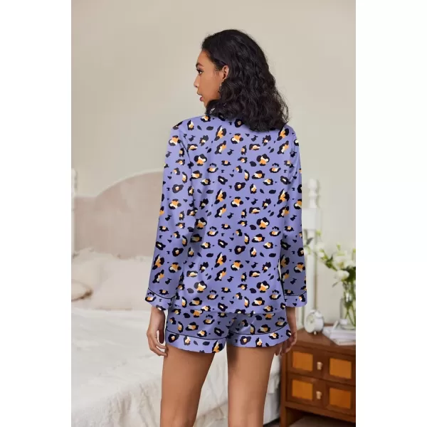 Ekouaer Silk Pajamas Womens Long Sleeve Sleepwear Soft Satin Button Down Loungewear 2 Piece Pjs Shorts Set SXXLLeopard Printpurple