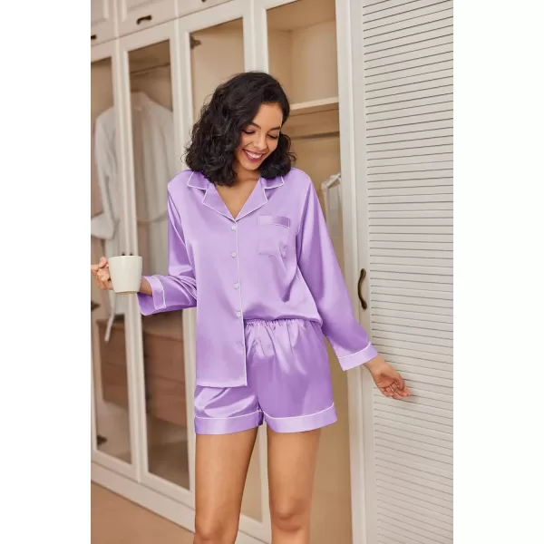 Ekouaer Silk Pajamas Womens Long Sleeve Sleepwear Soft Satin Button Down Loungewear 2 Piece Pjs Shorts Set SXXLLilac