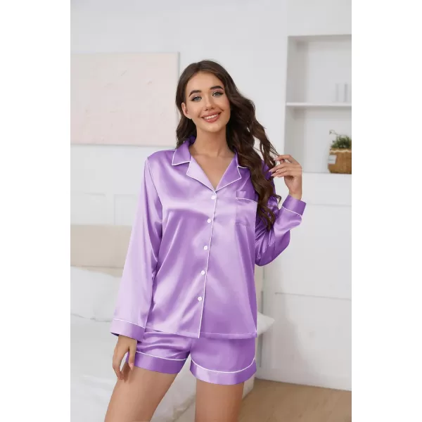 Ekouaer Silk Pajamas Womens Long Sleeve Sleepwear Soft Satin Button Down Loungewear 2 Piece Pjs Shorts Set SXXLLilac