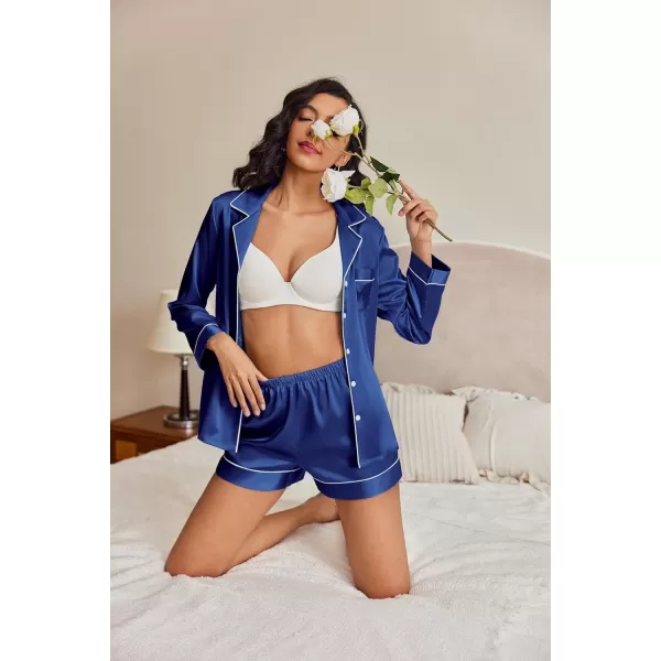 Ekouaer Silk Pajamas Womens Long Sleeve Sleepwear Soft Satin Button Down Loungewear 2 Piece Pjs Shorts Set SXXLNavy Blue