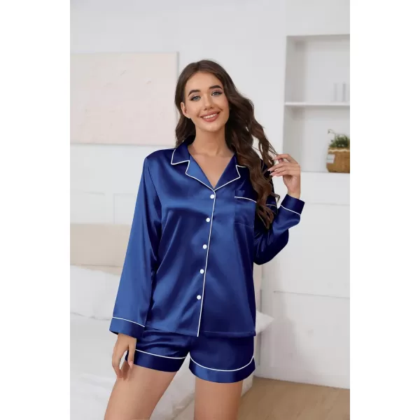 Ekouaer Silk Pajamas Womens Long Sleeve Sleepwear Soft Satin Button Down Loungewear 2 Piece Pjs Shorts Set SXXLNavy Blue