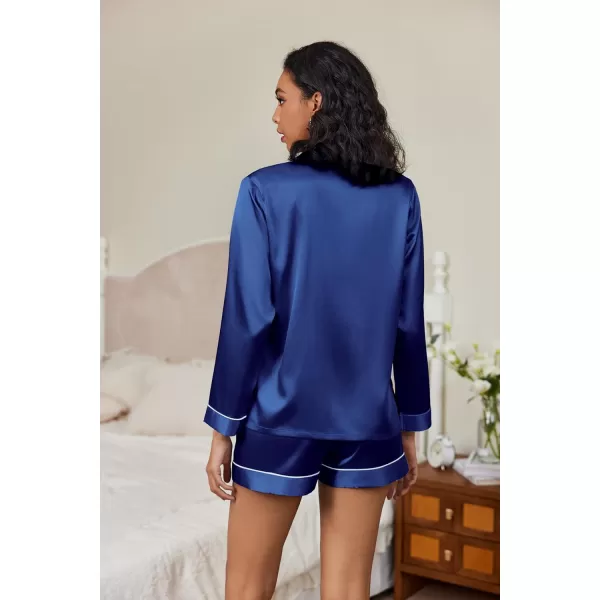Ekouaer Silk Pajamas Womens Long Sleeve Sleepwear Soft Satin Button Down Loungewear 2 Piece Pjs Shorts Set SXXLNavy Blue