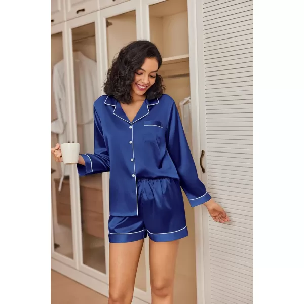 Ekouaer Silk Pajamas Womens Long Sleeve Sleepwear Soft Satin Button Down Loungewear 2 Piece Pjs Shorts Set SXXLNavy Blue