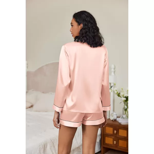 Ekouaer Silk Pajamas Womens Long Sleeve Sleepwear Soft Satin Button Down Loungewear 2 Piece Pjs Shorts Set SXXLPink