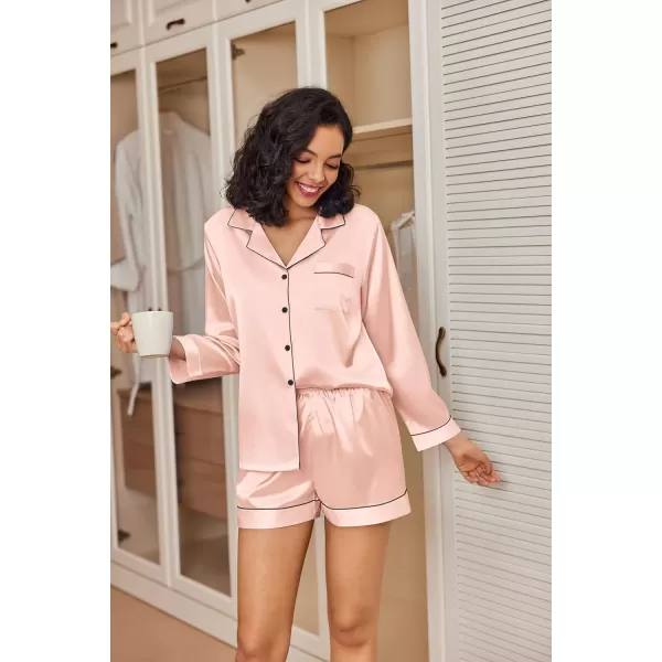 Ekouaer Silk Pajamas Womens Long Sleeve Sleepwear Soft Satin Button Down Loungewear 2 Piece Pjs Shorts Set SXXLPink