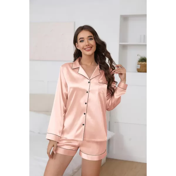 Ekouaer Silk Pajamas Womens Long Sleeve Sleepwear Soft Satin Button Down Loungewear 2 Piece Pjs Shorts Set SXXLPink