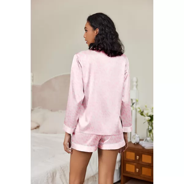 Ekouaer Silk Pajamas Womens Long Sleeve Sleepwear Soft Satin Button Down Loungewear 2 Piece Pjs Shorts Set SXXLPink Leopard