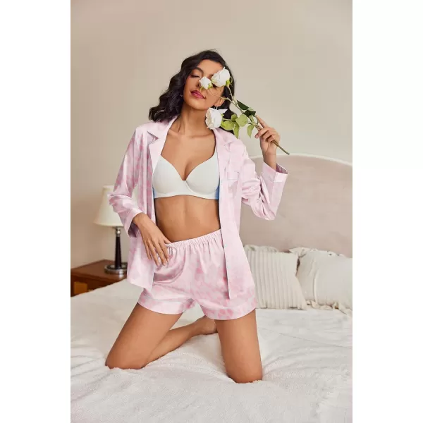 Ekouaer Silk Pajamas Womens Long Sleeve Sleepwear Soft Satin Button Down Loungewear 2 Piece Pjs Shorts Set SXXLPink Leopard