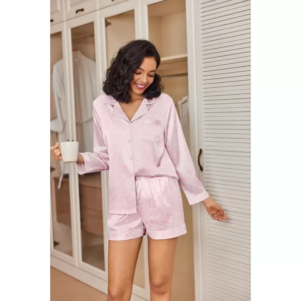 Ekouaer Silk Pajamas Womens Long Sleeve Sleepwear Soft Satin Button Down Loungewear 2 Piece Pjs Shorts Set SXXLPink Leopard