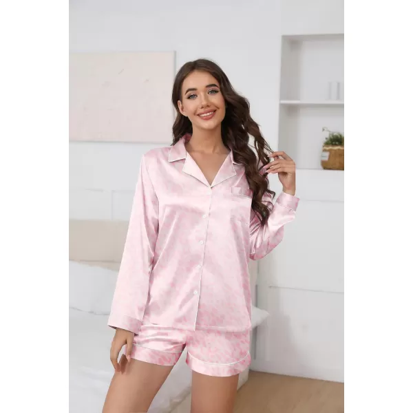 Ekouaer Silk Pajamas Womens Long Sleeve Sleepwear Soft Satin Button Down Loungewear 2 Piece Pjs Shorts Set SXXLPink Leopard