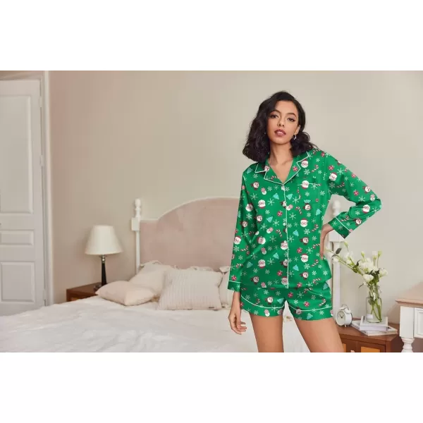 Ekouaer Silk Pajamas Womens Long Sleeve Sleepwear Soft Satin Button Down Loungewear 2 Piece Pjs Shorts Set SXXLSanta Clausgreen