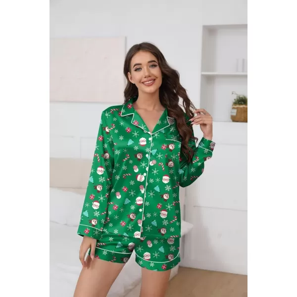 Ekouaer Silk Pajamas Womens Long Sleeve Sleepwear Soft Satin Button Down Loungewear 2 Piece Pjs Shorts Set SXXLSanta Clausgreen