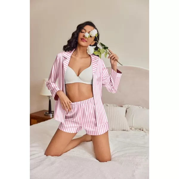 Ekouaer Silk Pajamas Womens Long Sleeve Sleepwear Soft Satin Button Down Loungewear 2 Piece Pjs Shorts Set SXXLVertical Stripes
