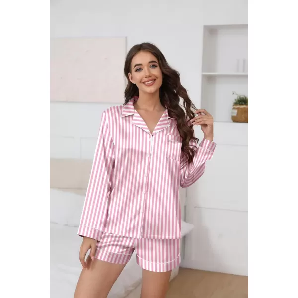 Ekouaer Silk Pajamas Womens Long Sleeve Sleepwear Soft Satin Button Down Loungewear 2 Piece Pjs Shorts Set SXXLVertical Stripes