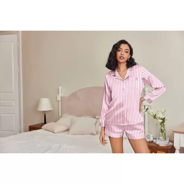 Ekouaer Silk Pajamas Womens Long Sleeve Sleepwear Soft Satin Button Down Loungewear 2 Piece Pjs Shorts Set SXXLVertical Stripes