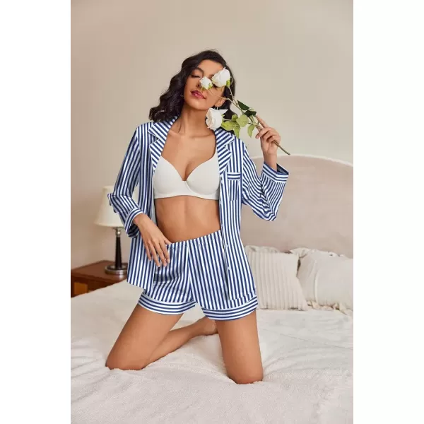 Ekouaer Silk Pajamas Womens Long Sleeve Sleepwear Soft Satin Button Down Loungewear 2 Piece Pjs Shorts Set SXXLVertical Stripesnavy