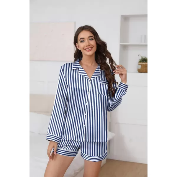 Ekouaer Silk Pajamas Womens Long Sleeve Sleepwear Soft Satin Button Down Loungewear 2 Piece Pjs Shorts Set SXXLVertical Stripesnavy
