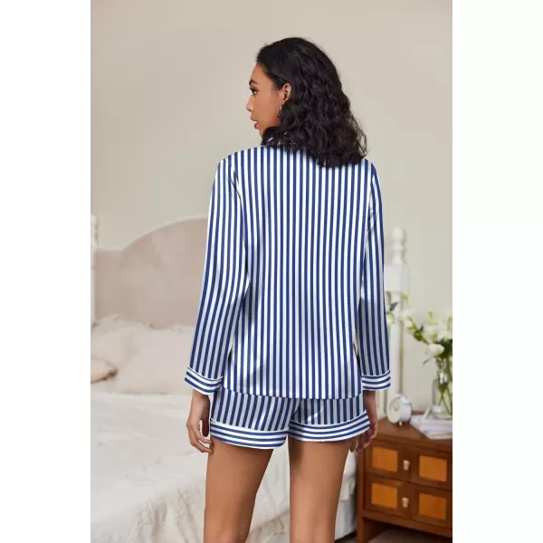 Ekouaer Silk Pajamas Womens Long Sleeve Sleepwear Soft Satin Button Down Loungewear 2 Piece Pjs Shorts Set SXXLVertical Stripesnavy