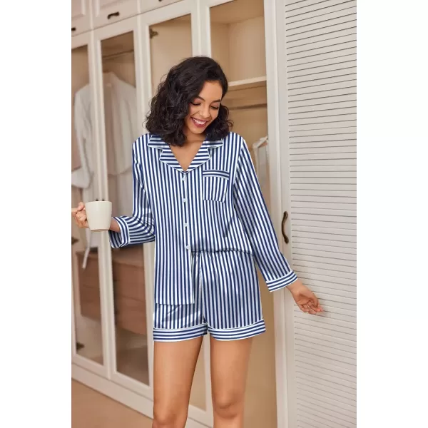 Ekouaer Silk Pajamas Womens Long Sleeve Sleepwear Soft Satin Button Down Loungewear 2 Piece Pjs Shorts Set SXXLVertical Stripesnavy