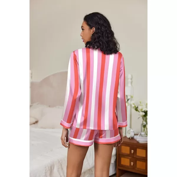 Ekouaer Silk Pajamas Womens Long Sleeve Sleepwear Soft Satin Button Down Loungewear 2 Piece Pjs Shorts Set SXXLVertical Stripespink