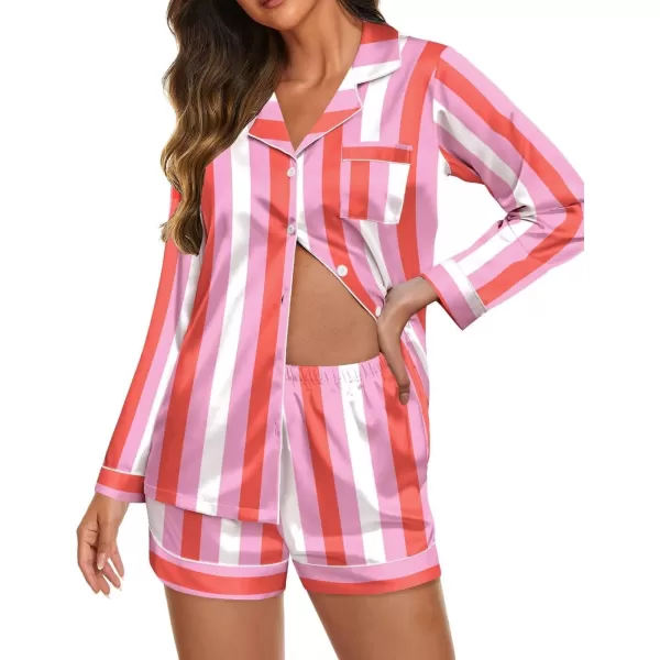 Ekouaer Silk Pajamas Womens Long Sleeve Sleepwear Soft Satin Button Down Loungewear 2 Piece Pjs Shorts Set SXXLVertical Stripespink