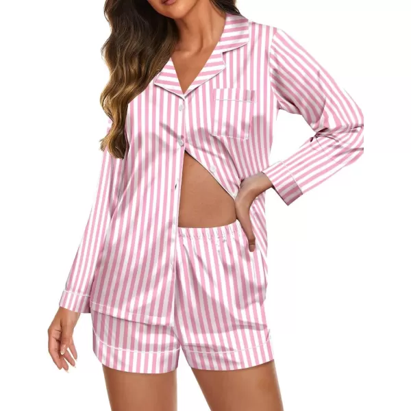 Ekouaer Silk Pajamas Womens Long Sleeve Sleepwear Soft Satin Button Down Loungewear 2 Piece Pjs Shorts Set SXXLVertical Stripespink