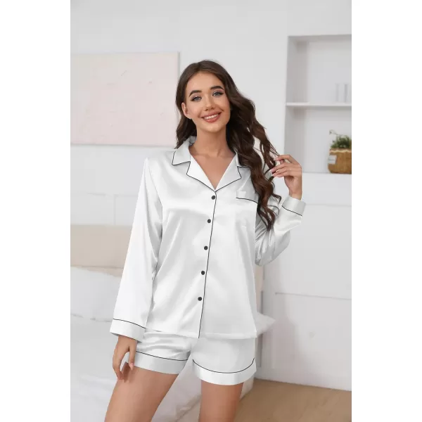 Ekouaer Silk Pajamas Womens Long Sleeve Sleepwear Soft Satin Button Down Loungewear 2 Piece Pjs Shorts Set SXXLWhite