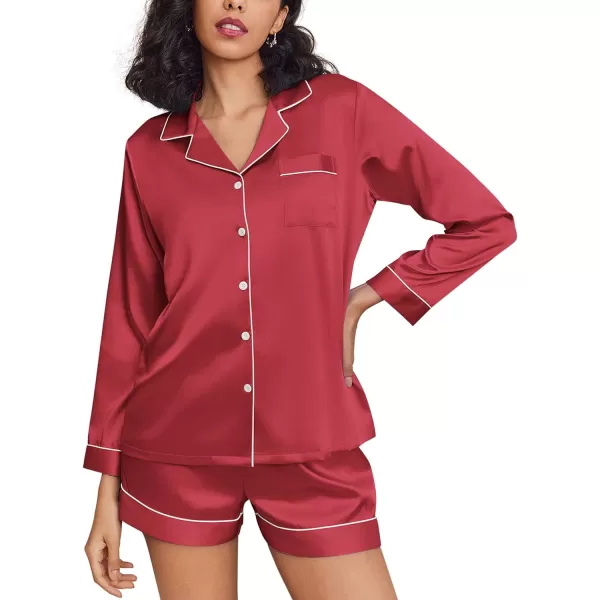 Ekouaer Silk Pajamas Womens Long Sleeve Sleepwear Soft Satin Button Down Loungewear 2 Piece Pjs Shorts Set SXXLWine Red