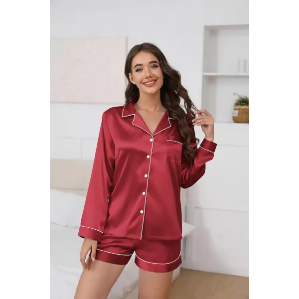 Ekouaer Silk Pajamas Womens Long Sleeve Sleepwear Soft Satin Button Down Loungewear 2 Piece Pjs Shorts Set SXXLWine Red