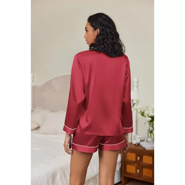 Ekouaer Silk Pajamas Womens Long Sleeve Sleepwear Soft Satin Button Down Loungewear 2 Piece Pjs Shorts Set SXXLWine Red