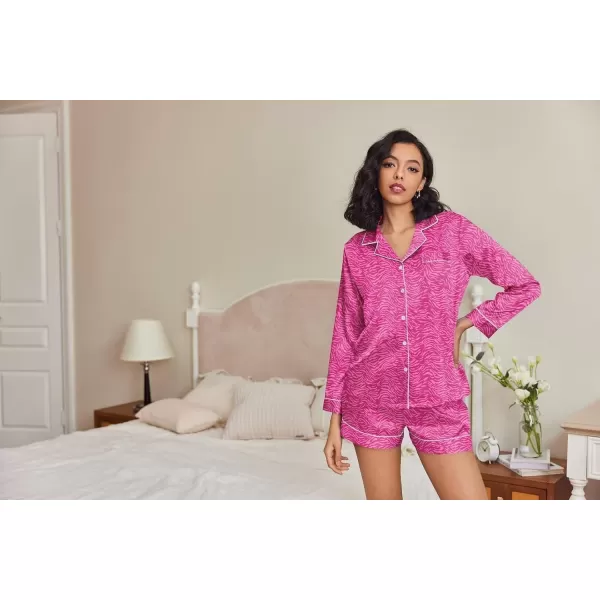 Ekouaer Silk Pajamas Womens Long Sleeve Sleepwear Soft Satin Button Down Loungewear 2 Piece Pjs Shorts Set SXXLZebra Printpink