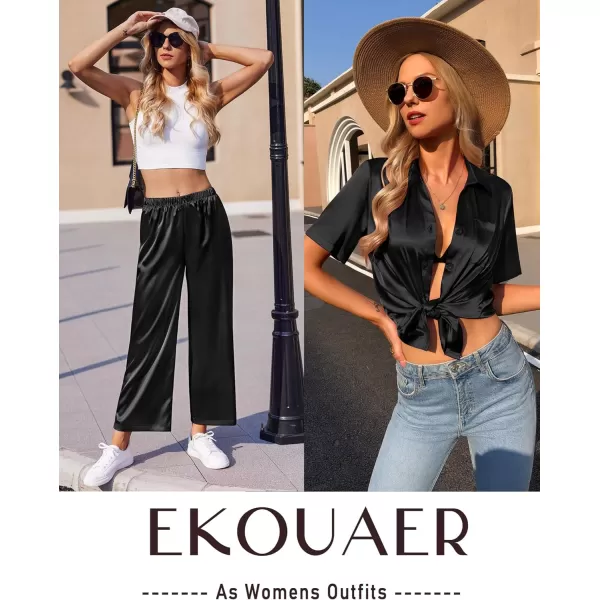 Ekouaer Silk Pajamas Womens Satin Button Down Shirts Pjs Wide Leg Long Pants Sleepwear 2 Piece Lounge Set with PocketsBlack