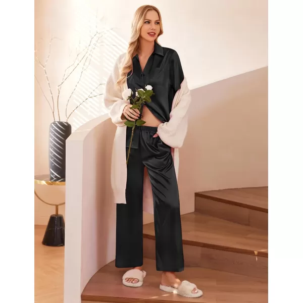 Ekouaer Silk Pajamas Womens Satin Button Down Shirts Pjs Wide Leg Long Pants Sleepwear 2 Piece Lounge Set with PocketsBlack