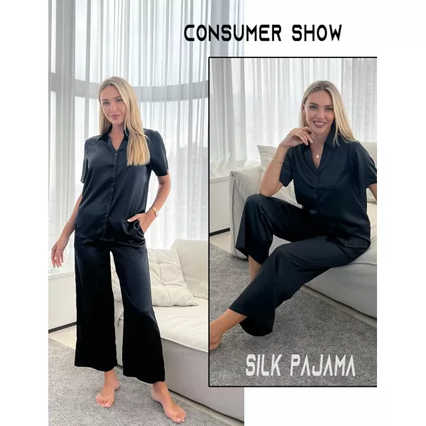 Ekouaer Silk Pajamas Womens Satin Button Down Shirts Pjs Wide Leg Long Pants Sleepwear 2 Piece Lounge Set with PocketsBlack