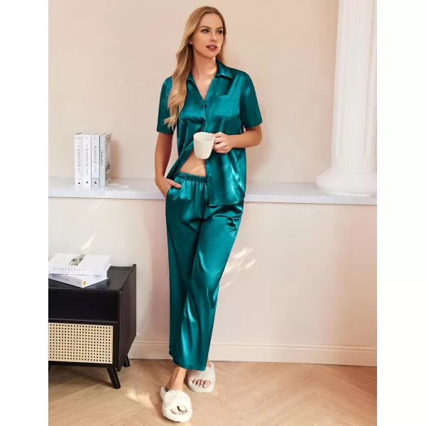 Ekouaer Silk Pajamas Womens Satin Button Down Shirts Pjs Wide Leg Long Pants Sleepwear 2 Piece Lounge Set with PocketsBlue Green