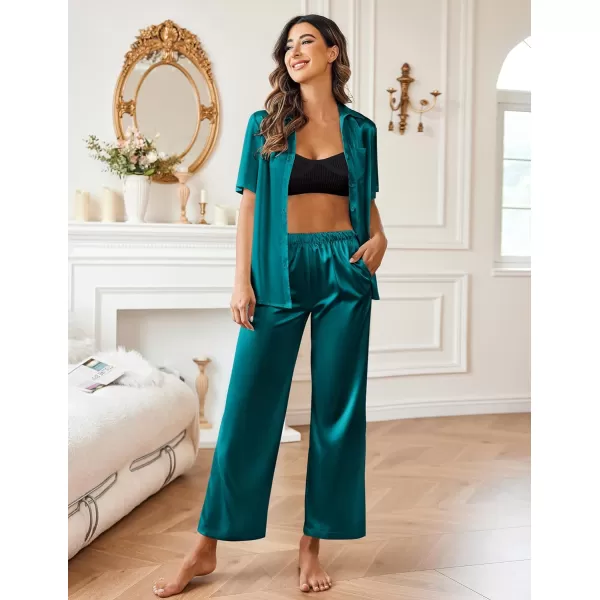 Ekouaer Silk Pajamas Womens Satin Button Down Shirts Pjs Wide Leg Long Pants Sleepwear 2 Piece Lounge Set with PocketsBlue Green