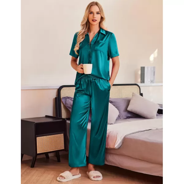 Ekouaer Silk Pajamas Womens Satin Button Down Shirts Pjs Wide Leg Long Pants Sleepwear 2 Piece Lounge Set with PocketsBlue Green