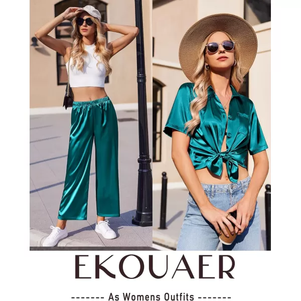 Ekouaer Silk Pajamas Womens Satin Button Down Shirts Pjs Wide Leg Long Pants Sleepwear 2 Piece Lounge Set with PocketsBlue Green